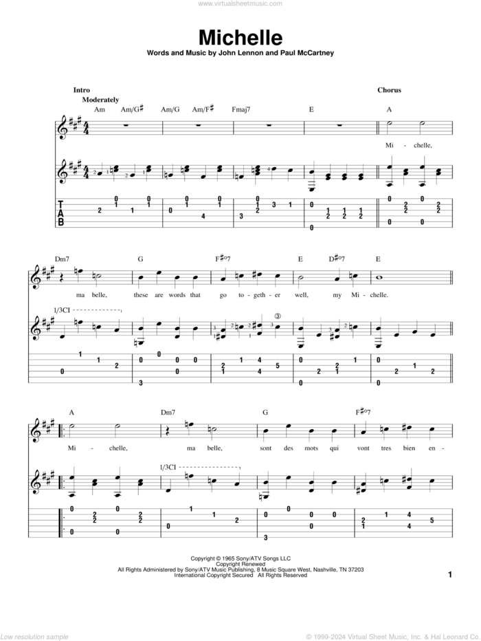 Michelle sheet music for guitar solo by The Beatles, John Lennon and Paul McCartney, intermediate skill level