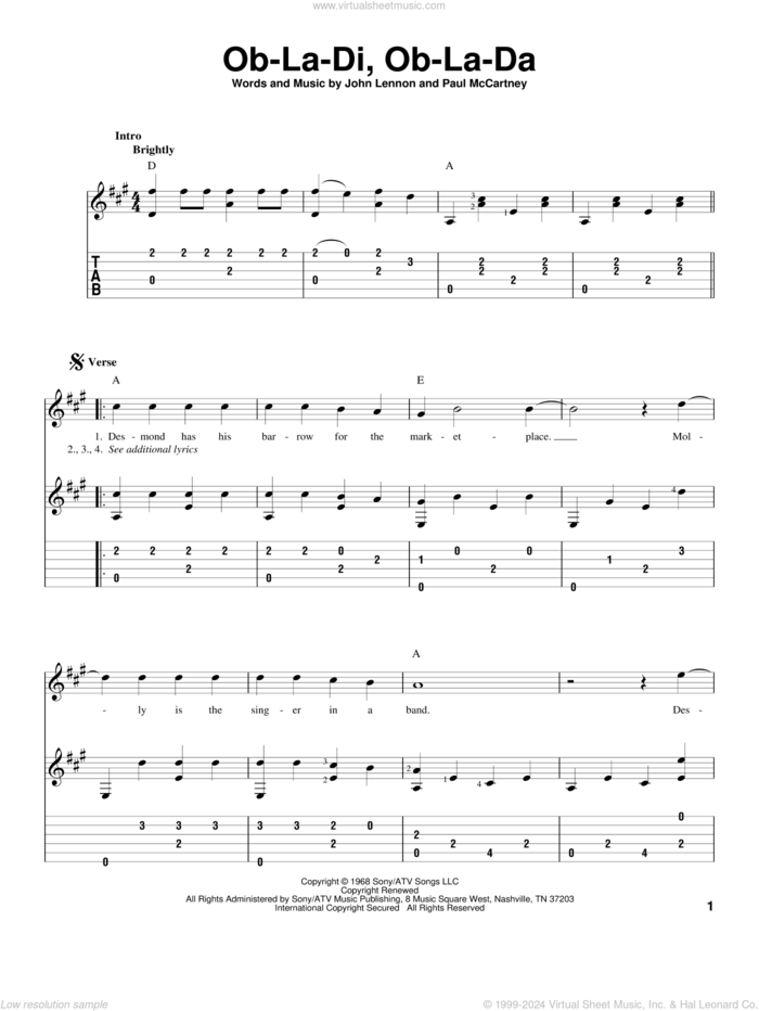 Ob-La-Di, Ob-La-Da, (intermediate) sheet music for guitar solo by The Beatles, John Lennon and Paul McCartney, intermediate skill level