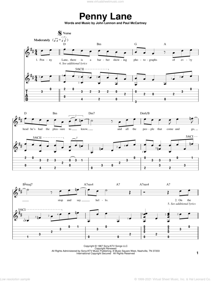 Penny Lane, (intermediate) sheet music for guitar solo by The Beatles, John Lennon and Paul McCartney, intermediate skill level