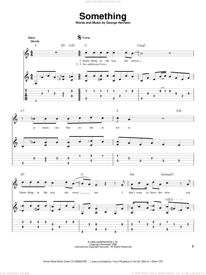 Something sheet music for guitar solo by The Beatles and George Harrison, intermediate skill level