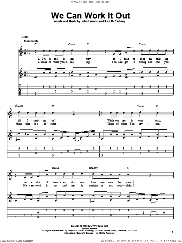 We Can Work It Out sheet music for guitar solo by The Beatles, John Lennon and Paul McCartney, intermediate skill level