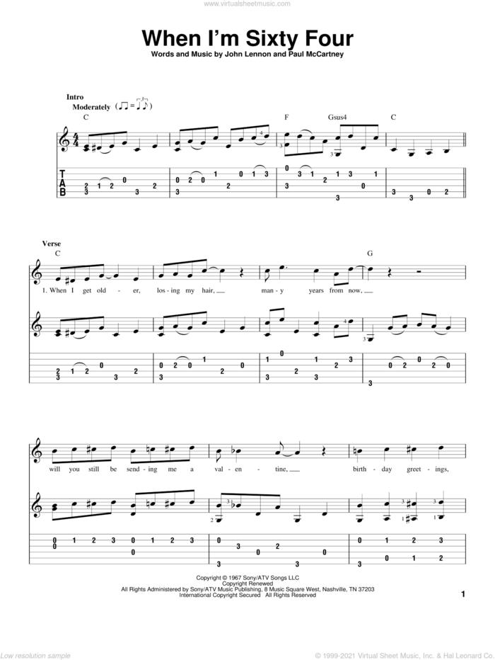 When I'm Sixty-Four sheet music for guitar solo by The Beatles, John Lennon and Paul McCartney, intermediate skill level