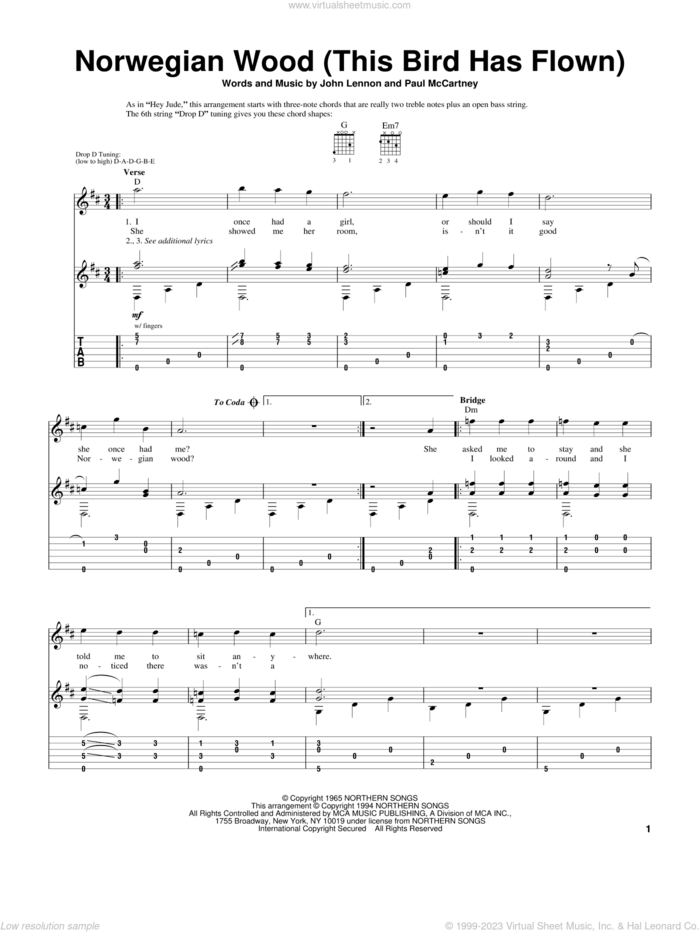 Norwegian Wood (This Bird Has Flown), (intermediate) sheet music for guitar solo by The Beatles, John Lennon and Paul McCartney, intermediate skill level