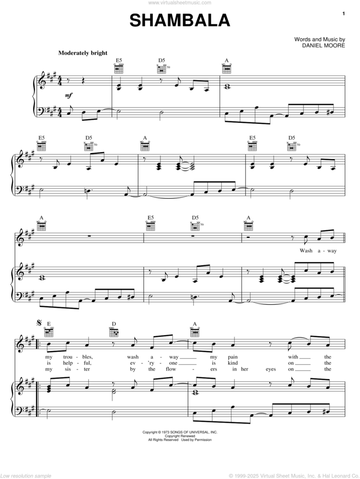 Shambala sheet music for voice, piano or guitar by Three Dog Night and Daniel Moore, intermediate skill level