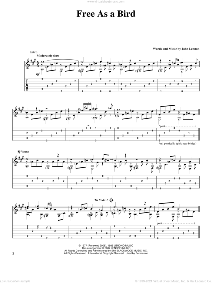 Free As A Bird sheet music for guitar solo by The Beatles and John Lennon, intermediate skill level