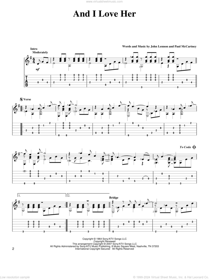 And I Love Her sheet music for guitar solo by The Beatles, John Lennon and Paul McCartney, intermediate skill level