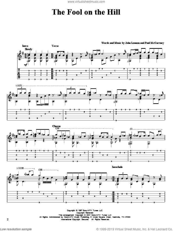 The Fool On The Hill sheet music for guitar solo by The Beatles, John Lennon and Paul McCartney, intermediate skill level