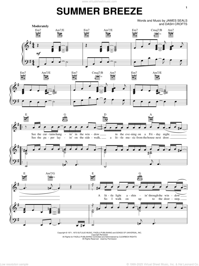 Summer Breeze sheet music for voice, piano or guitar by Seals & Crofts, Dash Crofts and James Seals, intermediate skill level