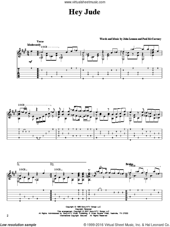Hey Jude sheet music for guitar solo by The Beatles, John Lennon and Paul McCartney, intermediate skill level