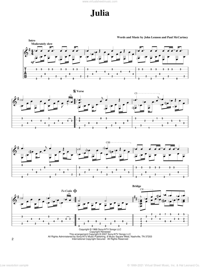 Julia sheet music for guitar solo by The Beatles, John Lennon and Paul McCartney, intermediate skill level