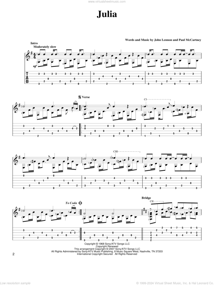 Julia sheet music for guitar solo by The Beatles, John Lennon and Paul McCartney, intermediate skill level