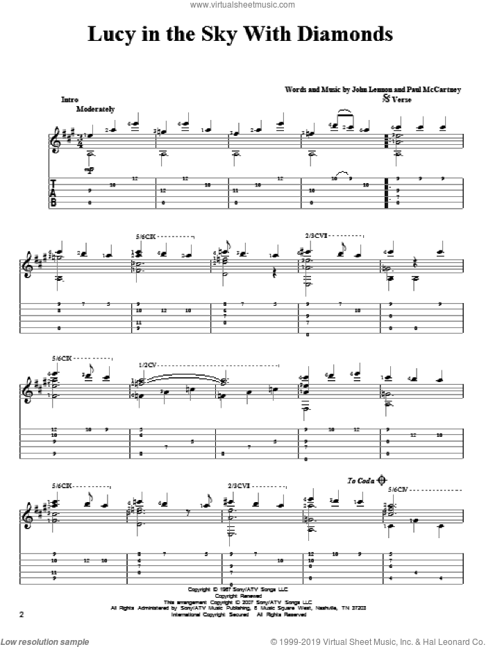 Lucy In The Sky With Diamonds sheet music for guitar solo by The Beatles, John Lennon and Paul McCartney, intermediate skill level