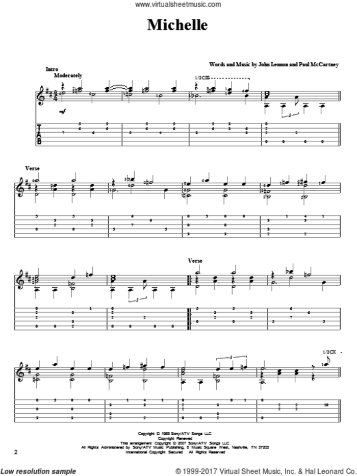 Michelle sheet music for guitar solo by The Beatles, John Lennon and Paul McCartney, intermediate skill level