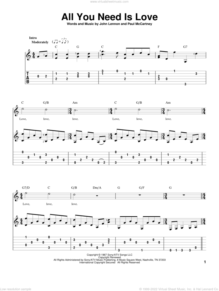 All You Need Is Love, (intermediate) sheet music for guitar solo by The Beatles, John Lennon and Paul McCartney, wedding score, intermediate skill level