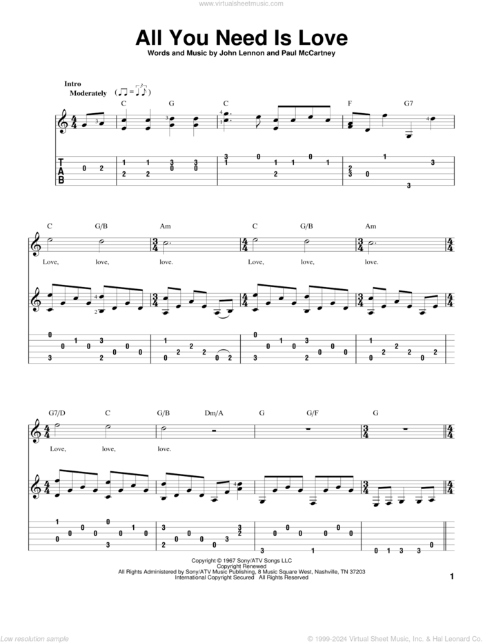 All You Need Is Love, (intermediate) sheet music for guitar solo by The Beatles, John Lennon and Paul McCartney, wedding score, intermediate skill level