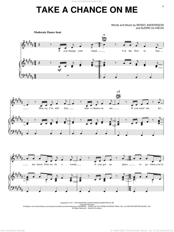 Take A Chance On Me sheet music for voice, piano or guitar by ABBA, Mamma Mia! (Movie), Mamma Mia! (Musical), Benny Andersson and Bjorn Ulvaeus, intermediate skill level