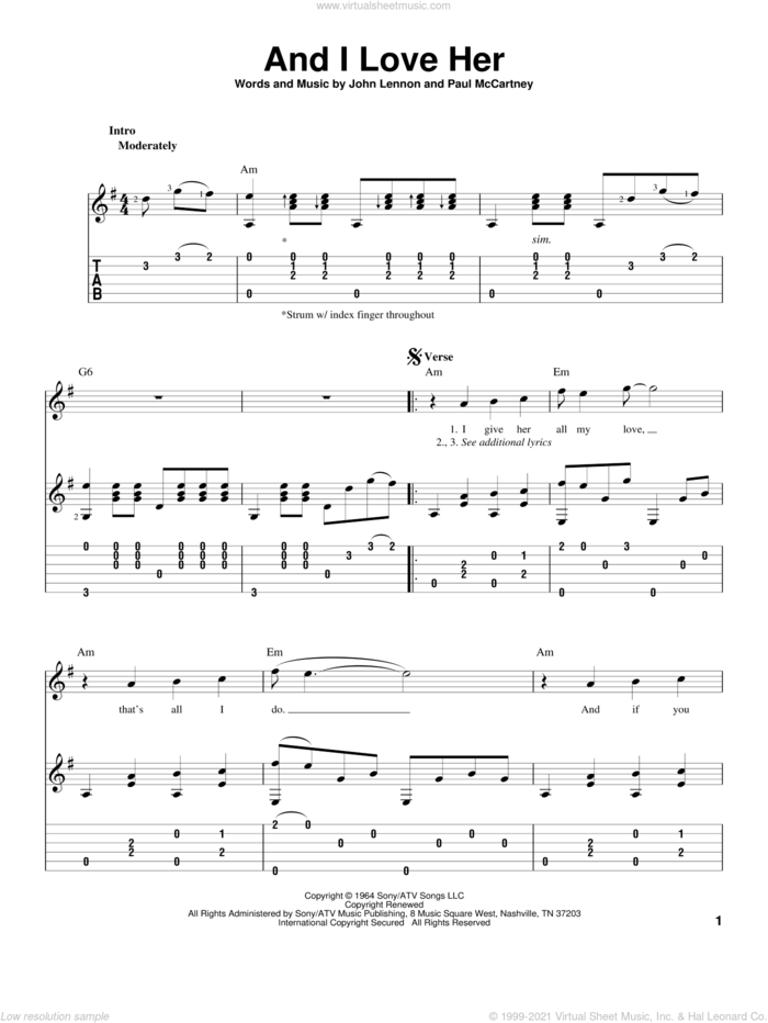 And I Love Her sheet music for guitar solo by The Beatles, John Lennon and Paul McCartney, intermediate skill level