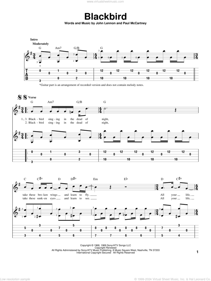 Blackbird, (intermediate) sheet music for guitar solo by The Beatles, John Lennon and Paul McCartney, intermediate skill level