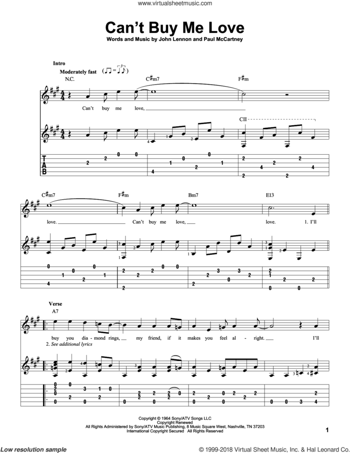 Can't Buy Me Love sheet music for guitar solo by The Beatles, John Lennon and Paul McCartney, intermediate skill level