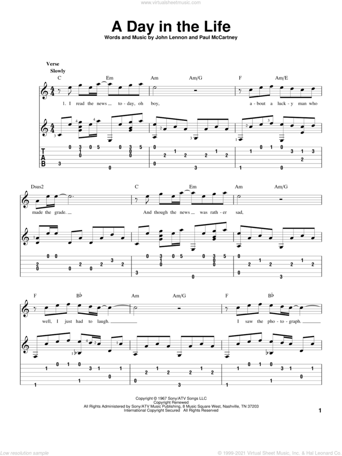 A Day In The Life sheet music for guitar solo by The Beatles, John Lennon and Paul McCartney, intermediate skill level
