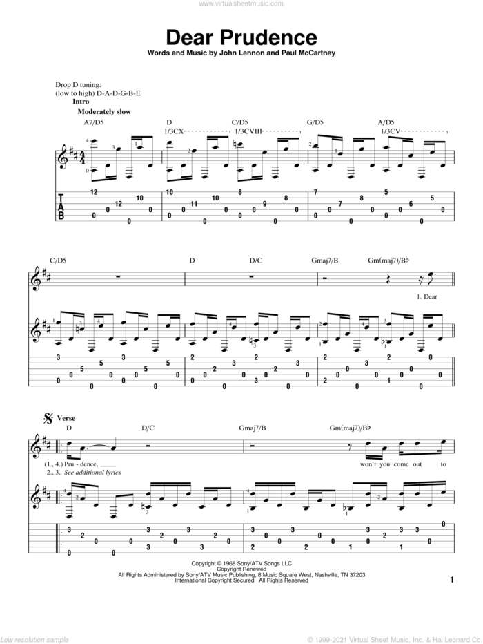 Dear Prudence, (intermediate) sheet music for guitar solo by The Beatles, John Lennon and Paul McCartney, intermediate skill level