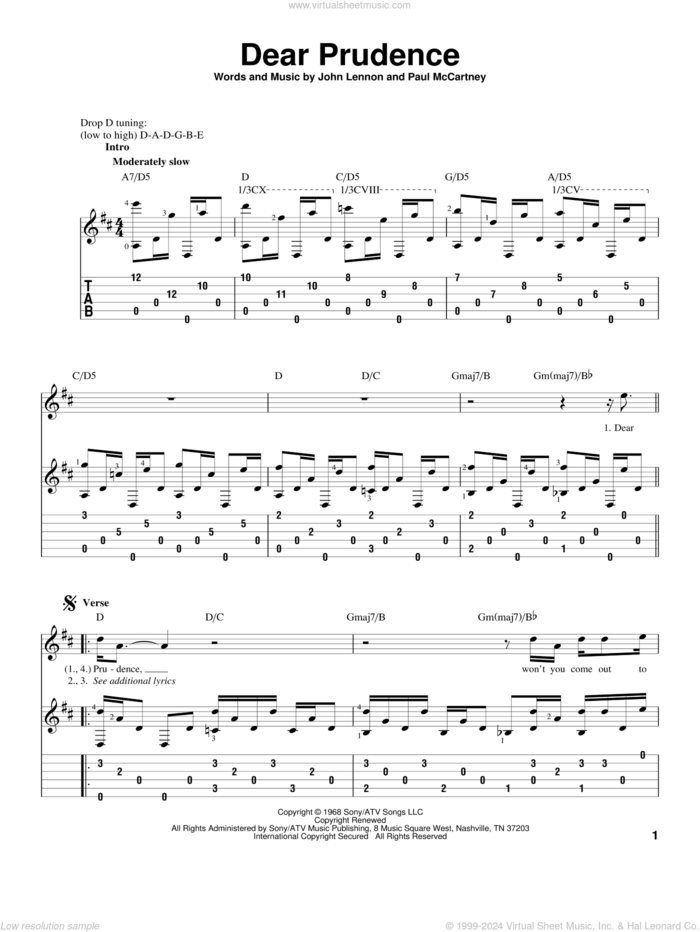 Dear Prudence, (intermediate) sheet music for guitar solo by The Beatles, John Lennon and Paul McCartney, intermediate skill level