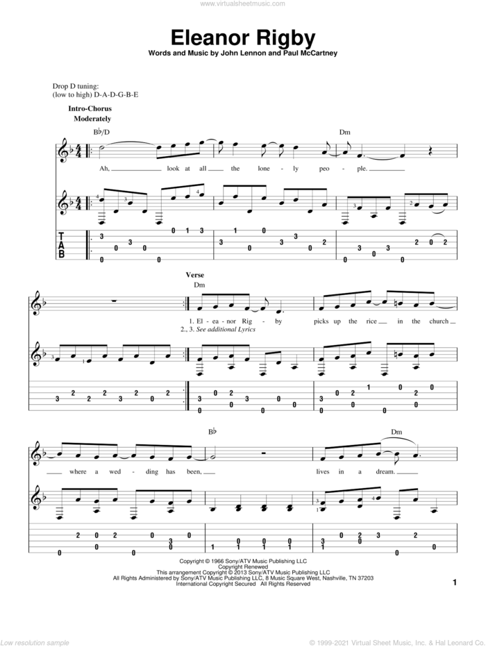 Eleanor Rigby sheet music for guitar solo by The Beatles, John Lennon and Paul McCartney, intermediate skill level