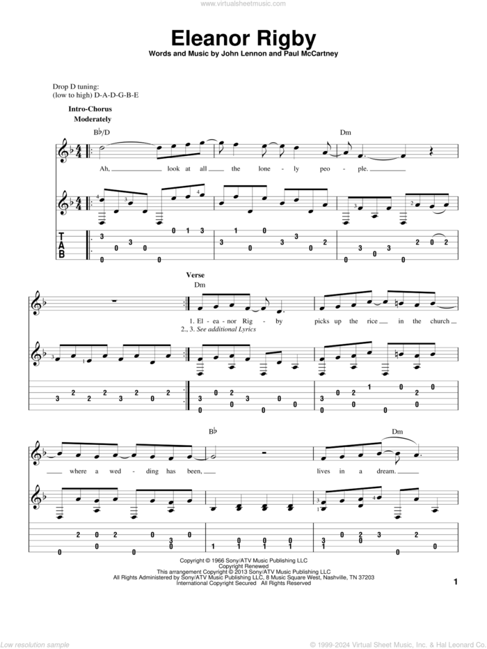 Eleanor Rigby sheet music for guitar solo by The Beatles, John Lennon and Paul McCartney, intermediate skill level