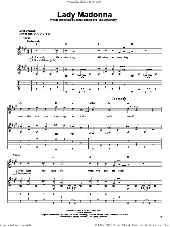 Lady Madonna sheet music for guitar solo by The Beatles, John Lennon and Paul McCartney, intermediate skill level