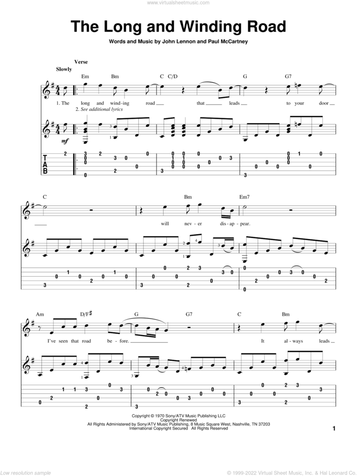 The Long And Winding Road, (intermediate) sheet music for guitar solo by The Beatles, John Lennon and Paul McCartney, intermediate skill level