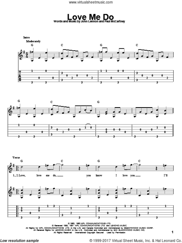 Love Me Do, (intermediate) sheet music for guitar solo by The Beatles, John Lennon and Paul McCartney, intermediate skill level