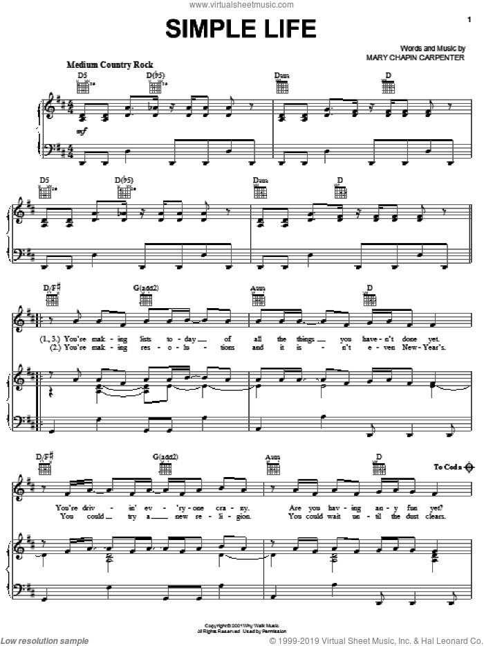 Simple Life sheet music for voice, piano or guitar by Mary Chapin Carpenter, intermediate skill level