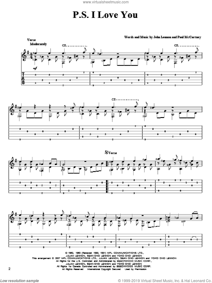 P.S. I Love You sheet music for guitar solo by The Beatles, John Lennon and Paul McCartney, intermediate skill level