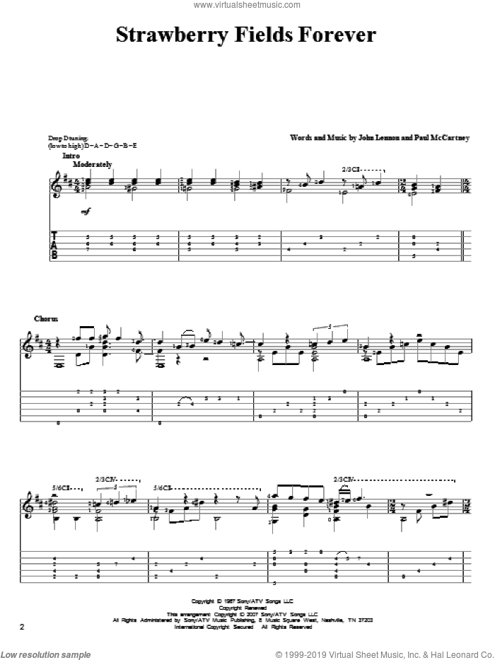 Strawberry Fields Forever sheet music for guitar solo by The Beatles, John Lennon and Paul McCartney, intermediate skill level