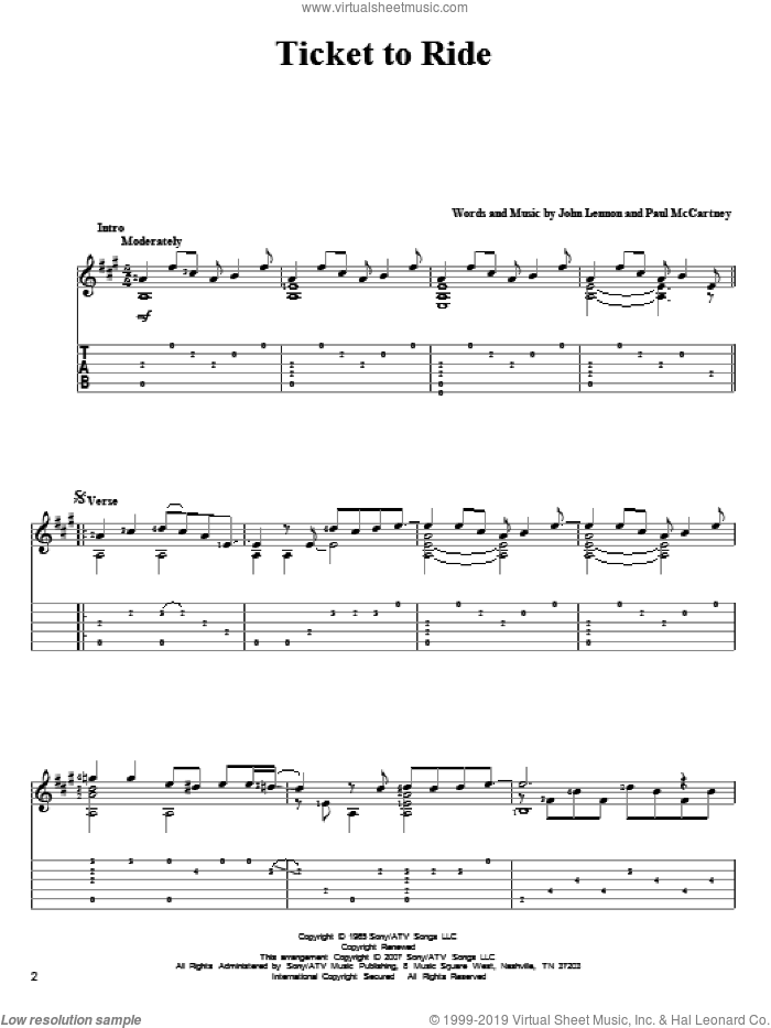 Ticket To Ride sheet music for guitar solo by The Beatles, John Lennon and Paul McCartney, intermediate skill level
