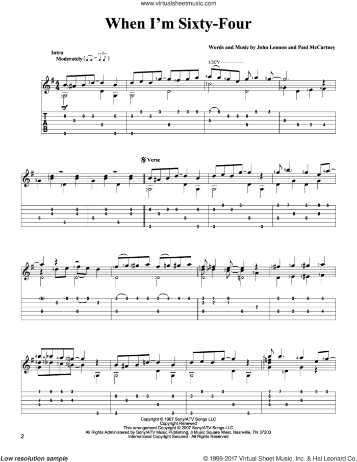 When I'm Sixty-Four sheet music for guitar solo by The Beatles, John Lennon and Paul McCartney, intermediate skill level