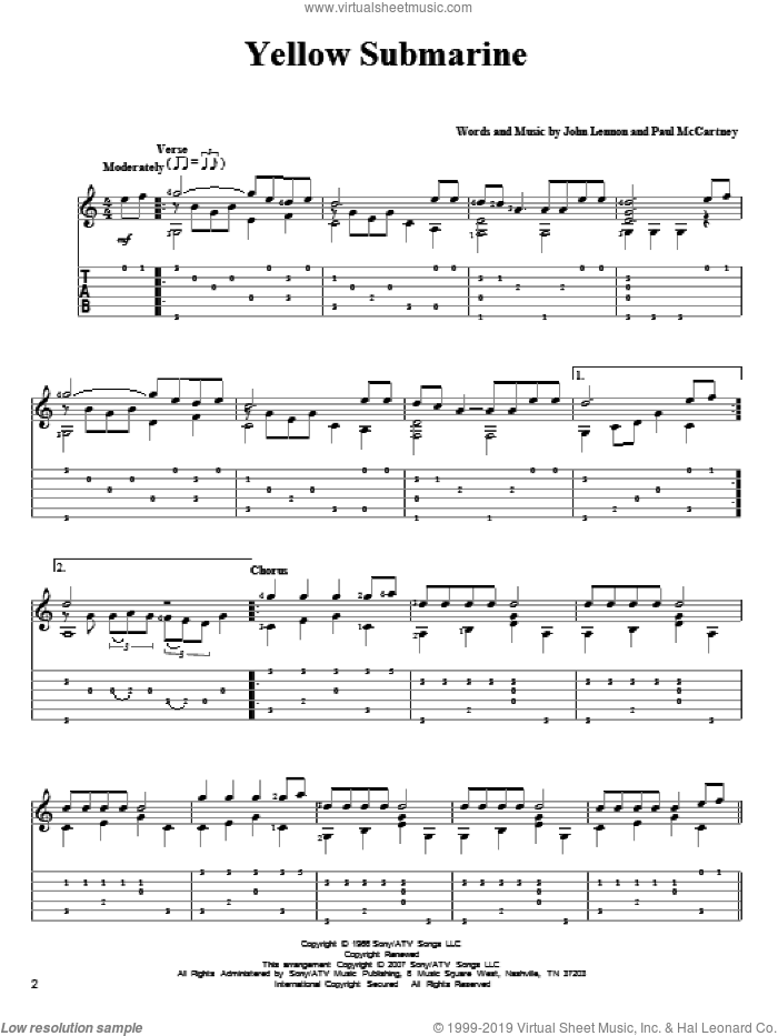 Yellow Submarine sheet music for guitar solo by The Beatles, John Lennon and Paul McCartney, intermediate skill level