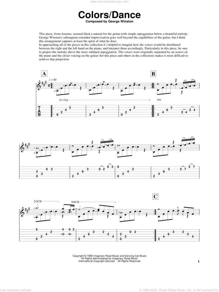 Colors/Dance sheet music for guitar solo by George Winston and Edward E. Wright, intermediate skill level
