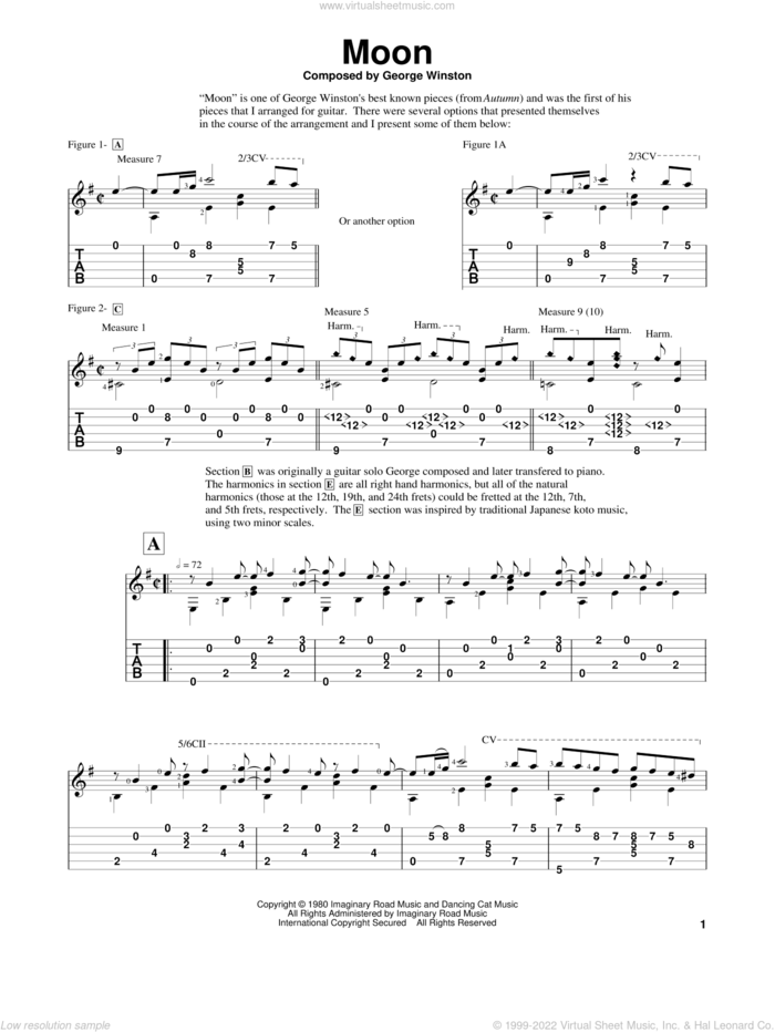 Moon sheet music for guitar solo by George Winston and Edward E. Wright, intermediate skill level