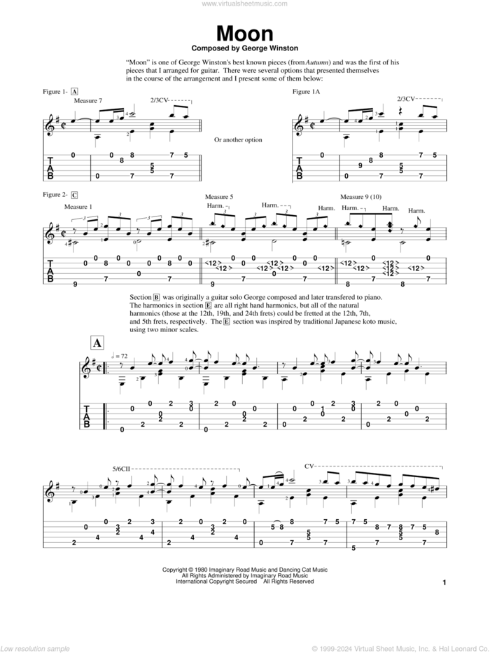 Moon sheet music for guitar solo by George Winston and Edward E. Wright, intermediate skill level