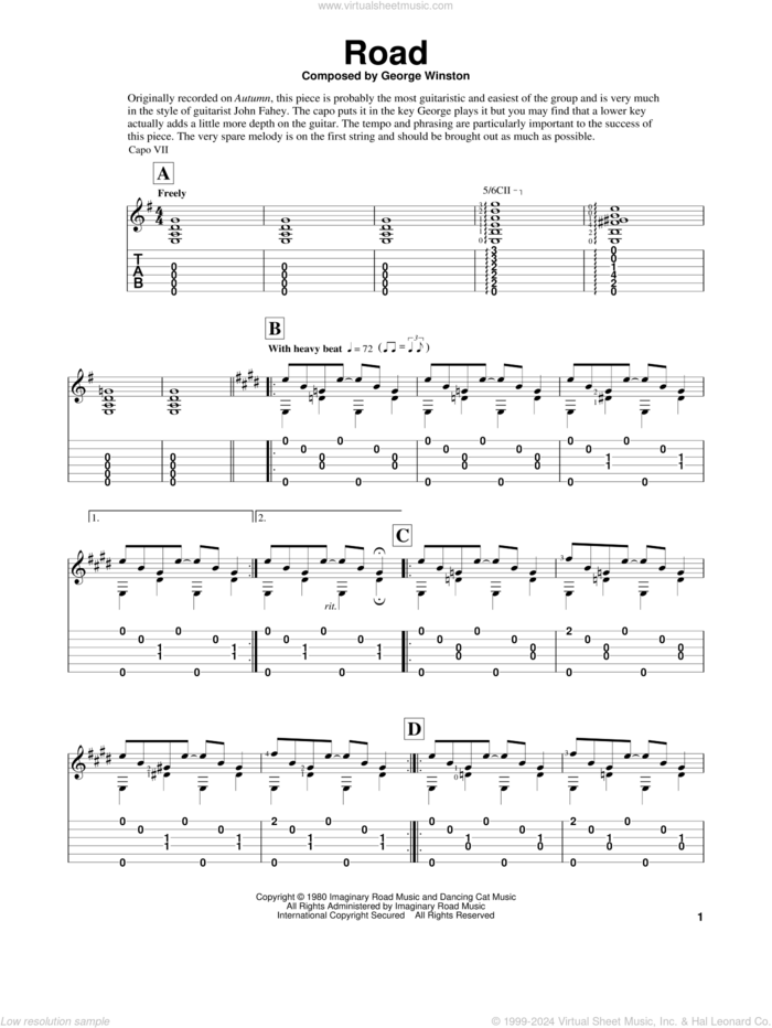 Road sheet music for guitar solo by George Winston and Edward E. Wright, intermediate skill level