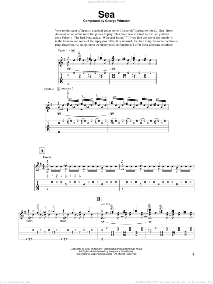 Sea sheet music for guitar solo by George Winston and Edward E. Wright, intermediate skill level