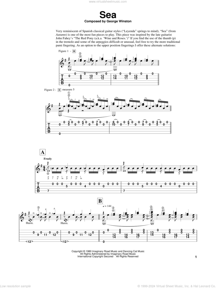 Sea sheet music for guitar solo by George Winston and Edward E. Wright, intermediate skill level