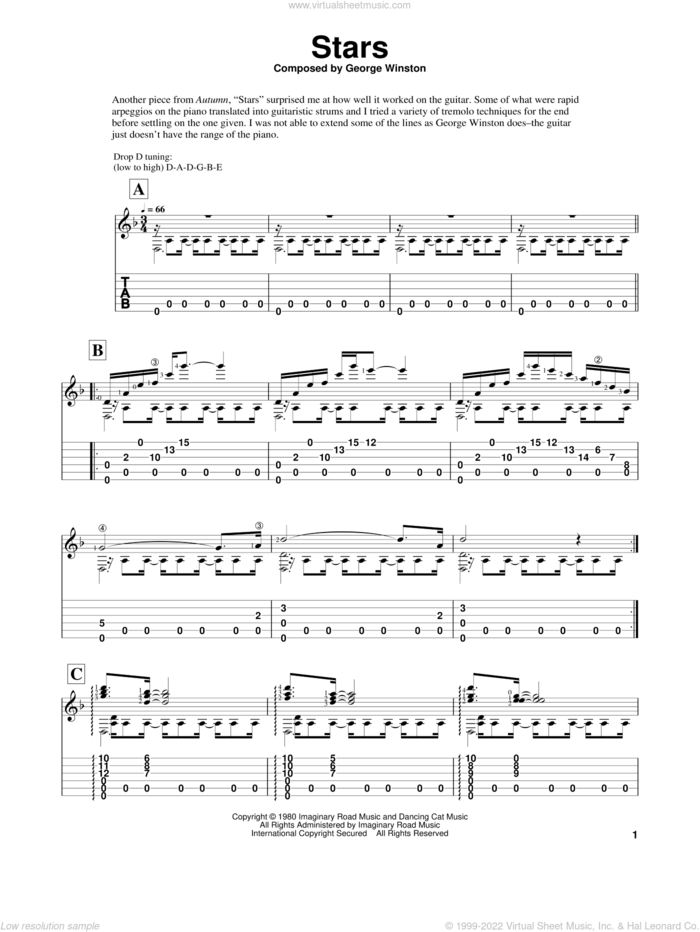 Stars sheet music for guitar solo by George Winston and Edward E. Wright, intermediate skill level