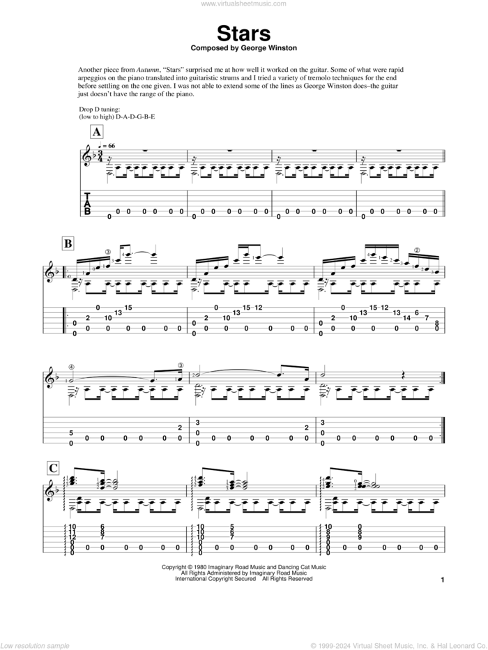 Stars sheet music for guitar solo by George Winston and Edward E. Wright, intermediate skill level