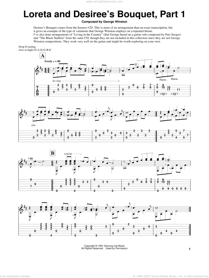 Loreta And Desiree's Bouquet-Part 1 sheet music for guitar solo by George Winston and Edward E. Wright, intermediate skill level