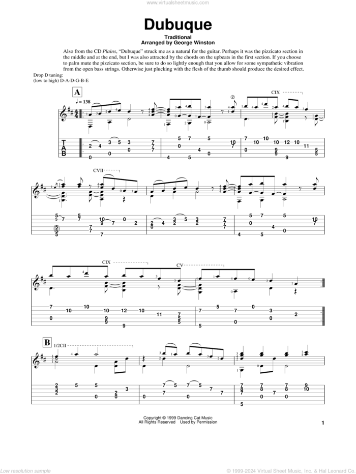 Dubuque sheet music for guitar solo by George Winston and Edward E. Wright, intermediate skill level