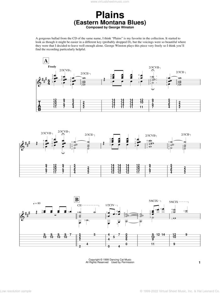 Plains (Eastern Montana Blues) sheet music for guitar solo by George Winston and Edward E. Wright, intermediate skill level