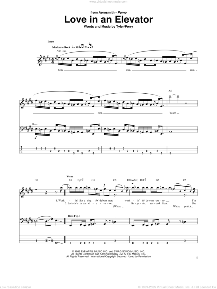 Love In An Elevator sheet music for bass (tablature) (bass guitar) by Aerosmith, Joe Perry and Steven Tyler, intermediate skill level