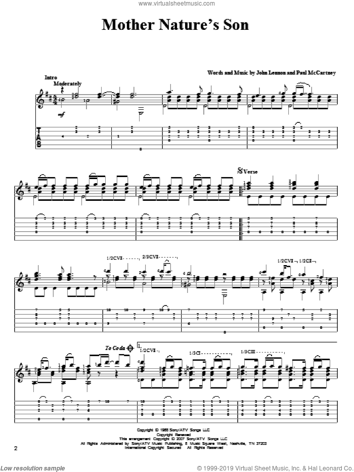 Mother Nature's Son sheet music for guitar solo by The Beatles, John Lennon and Paul McCartney, intermediate skill level